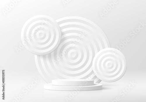 3D white product podium background with floating overlay radial circles. Abstract composition in minimal design. Studio showroom product pedestal, Fashion showcase mockup scene. Vector showcase design