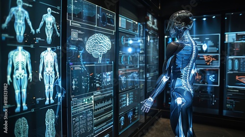 The skeletal structure of the Human body stands in front of a digital display  examining the contents on the screen