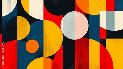 Abstract geometric pattern with colorful circles and rectangles in modern art style, vibrant and visually striking. photo