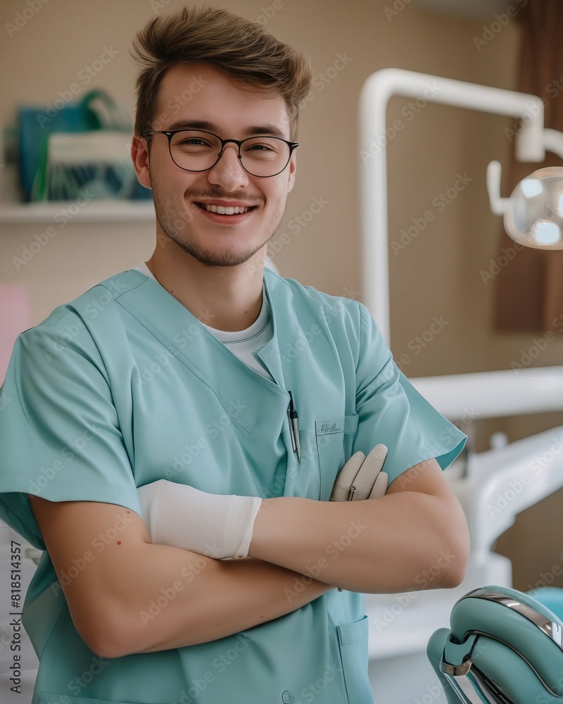 A young man in a dental office smiling. A young man in a dental office smiling.