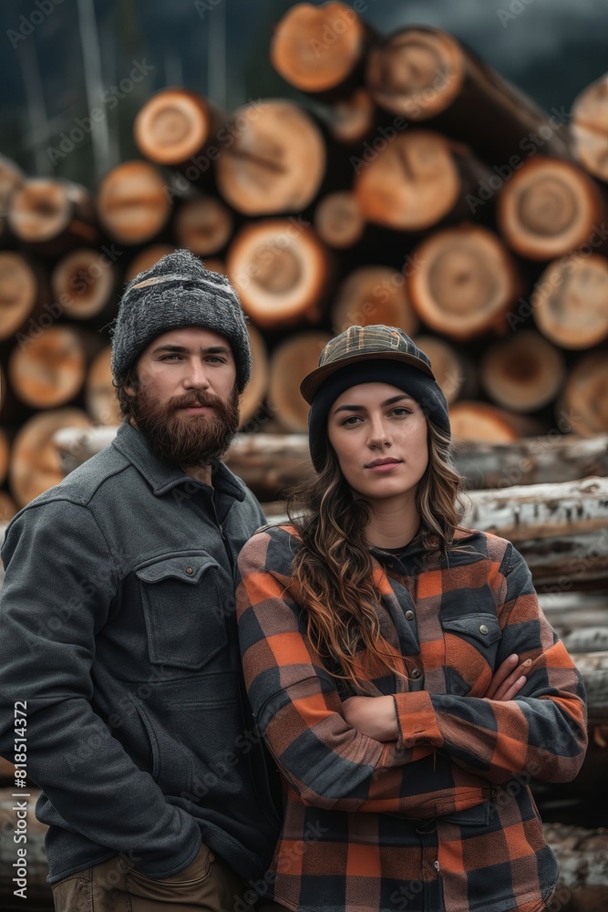 A man and woman standing in front of logs. A man and woman standing in front of logs.