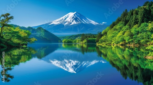 Early morning panorama of Mt. Fuji, its snow-capped summit reflecting in the still waters of Lake Kawaguchi, surrounded by lush greenery photo