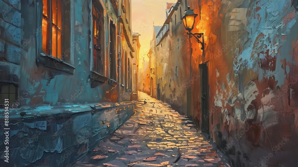 Fototapeta premium sunset in old urban city street alley from 1800s oil painting