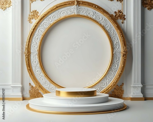 White and gold luxury background podium stage for product display vintage decoration style with isolated 3D render