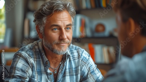 A man with gray hair and beard talking to another man.