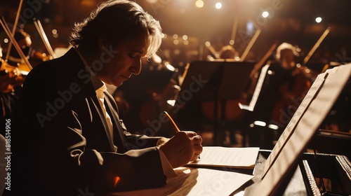 A man writing in front of an orchestra.