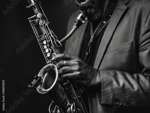 A man in a suit playing a saxophone.