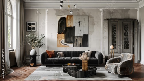 An elegant living room with a large abstract painting on the wall, a black leather sofa, a gray rug, and a marble coffee table. photo