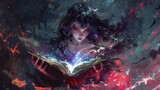 enigmatic anime girl immersed in ancient cursed spell book dark fantasy digital illustration