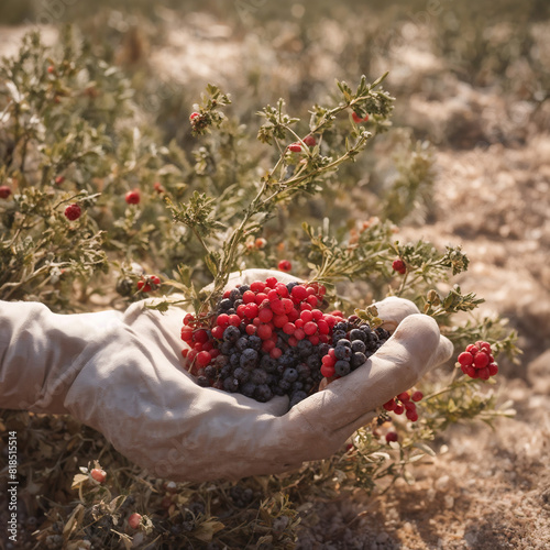 Weathered gloved hand harvests desert berries, dew glistening. Vast desert landscape unfolds in warm tones. Desert survival skills
