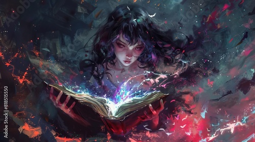 enigmatic anime girl immersed in ancient cursed spell book dark fantasy digital illustration photo