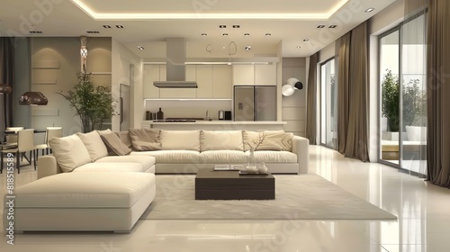 An interior design of a living room with a large white sectional sofa  a brown marble coffee table  and a white kitchen with stainless steel appliances