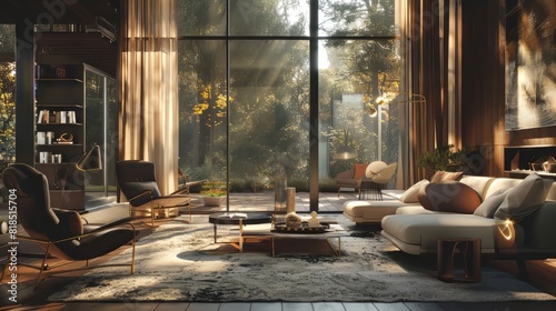 An interior of a modern house with large windows looking out onto a forest