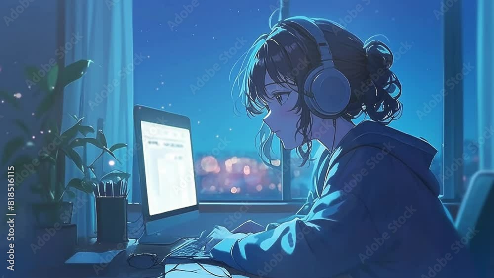 anime girl studying while listening to relaxing music. Lofi anime style