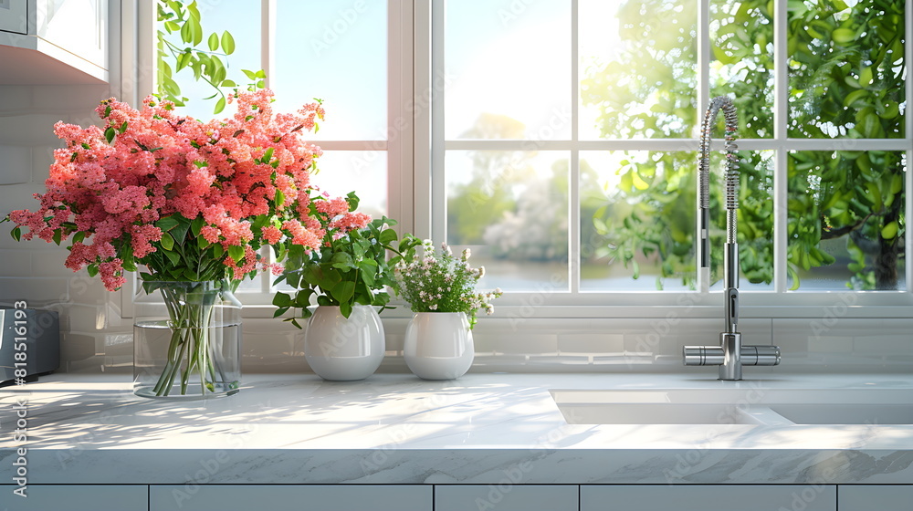 Bright, sun-drenched kitchen with bright, colorful potted and vased flowers. Pink hydrangeas, geraniums, petunias.