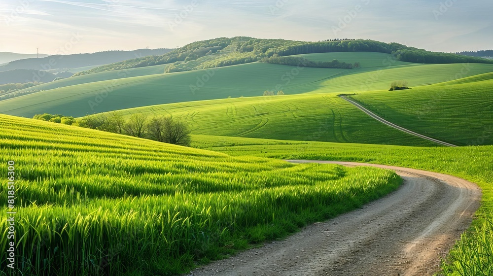 serene green field landscape with winding road isolated outdoor scenery