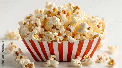 Freshly Popped Popcorn in a Striped Basket on a Bright White Background photo