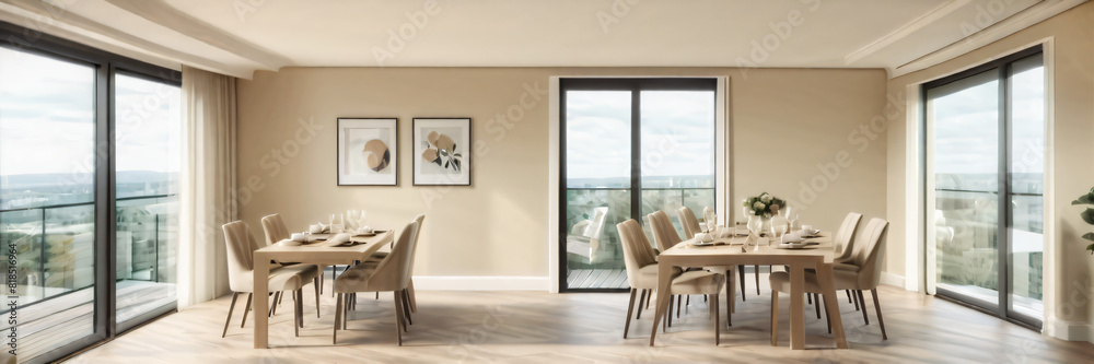 Modern interior design of apartment, dining room with table and chairs, empty living room with beige wall, panorama. Modern interior design of apartment, dining room with table and chairs, empty living room with beige wall, panorama.