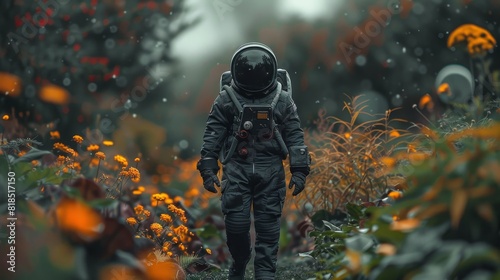 A man wearing a black futuristic astronaut suit exploring the garden. Generative AI.