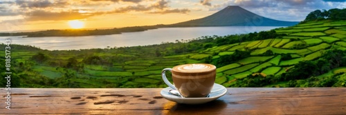 Cup of cappuccino coffee on an old table surrounded by coffee beans in front of an open window overlooking a landscape in nicaragua photo
