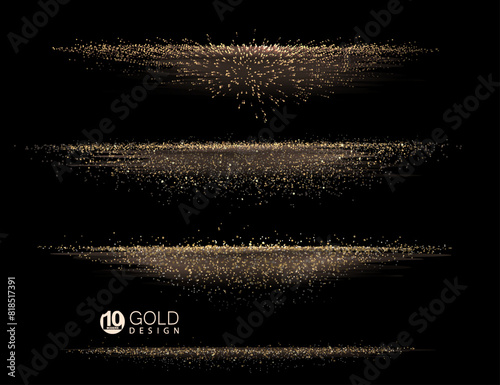 Isolated stripe with gold glitter on a black background, set.
