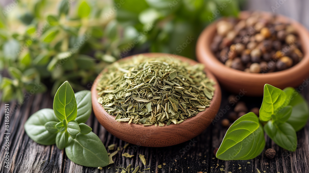 Herbal Delight. A close-up view of dried herbs and spices in wooden bowls, accompanied by fresh green basil leaves on a textured surface. Herbal Delight. A close-up view of dried herbs and spices in wooden bowls, accompanied by fresh green basil leaves on a textured surface.