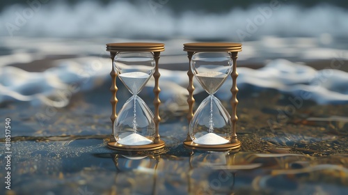 Two hourglasses with sand in them on the beach, symbolizing the concept of time and its passage with a serene setting.