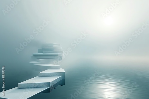 Misty staircase over water leading into the fog, creating a surreal and tranquil scene illuminated by a distant light.