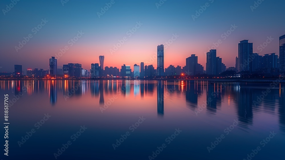 A beautiful views of city buildings / skyscraper reflected in the clear water, city landscape