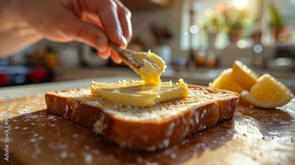 Close-up of a person spreading delicious butter on a slice of toasted bread ready for a perfect breakfast in the kitchen. Close-up of a person spreading delicious butter on a slice of toasted bread ready for a perfect breakfast in the kitchen.
