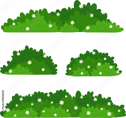 Set of Green Bushes with Flower. Simple Grass Element Collection. Vector Flat Illustration on White Background