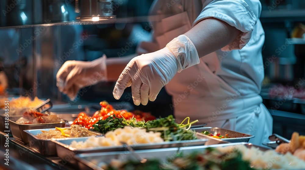 Close up of a buffet worker wearing protective gloves distributing and pouring food
