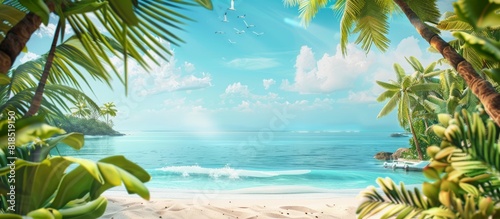 Banner with the image of sea, ocean, beach, palm trees, sun loungers. The idea of relaxation, summer trip, travel, vacation. Copy space for advertising. 