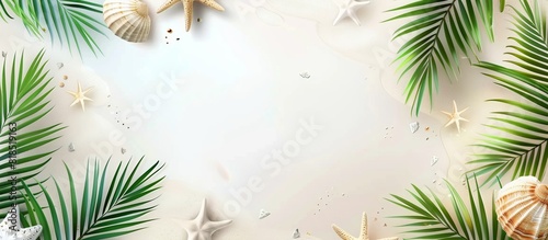 A pattern of seashells, stars, sunglasses, straw hats and green pine branches on a light background with copy space for advertising. Vacation, summer travel concept, copy space 