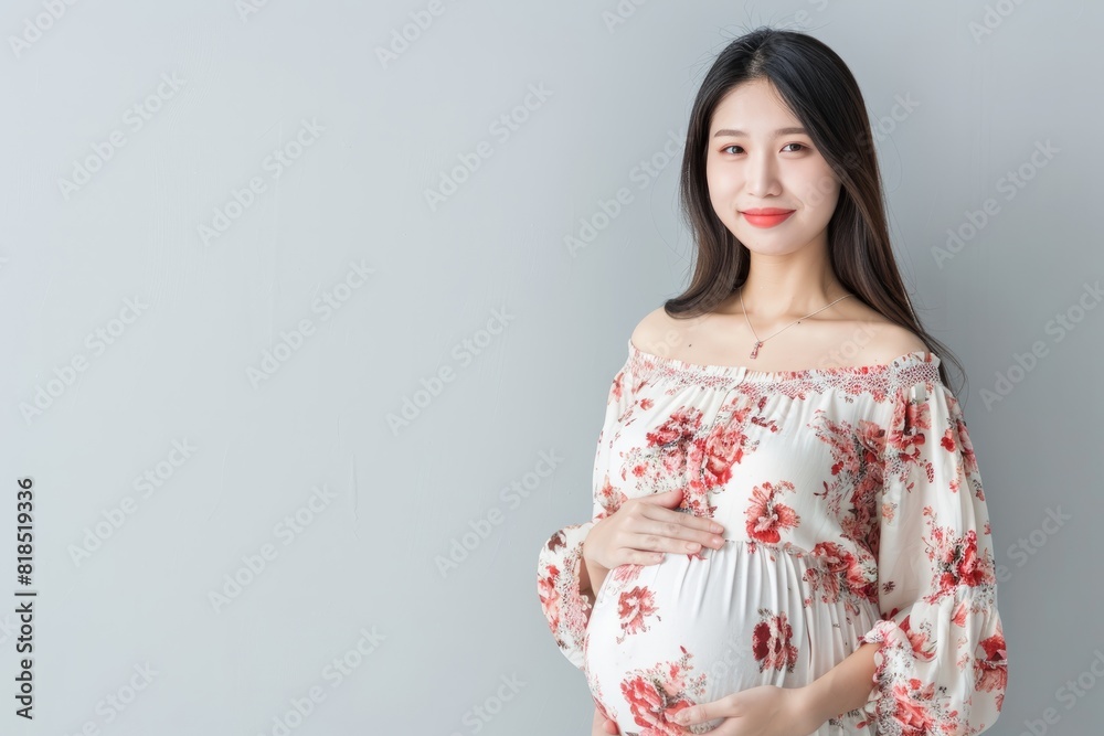Pregnant Asian woman tenderly hugging her belly on a light gray background. The concept of preparing women for pregnancy, childbirth, motherhood, copy space
Pregnant Asian woman tenderly hugging her belly on a light gray background. The concept of preparing women for pregnancy, childbirth, motherhood, copy space