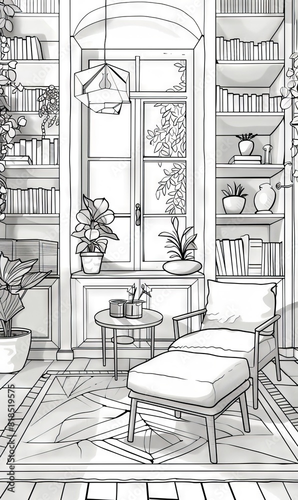 Minimalist Boho Living Room Interior with Botanical Decor Line Drawing Illustration
