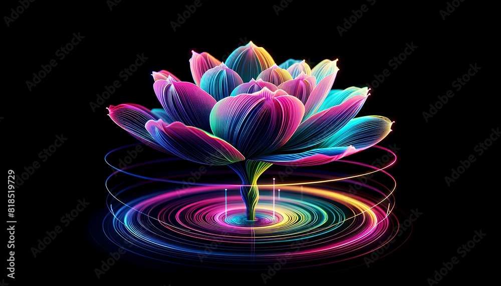 The images of the hologram featuring a flower slowly blooming in three dimensions, with vibrant, colorful petals rotating gently and emitting light in various shades. The images of the hologram featuring a flower slowly blooming in three dimensions, with vibrant, colorful petals rotating gently and emitting light in various shades.