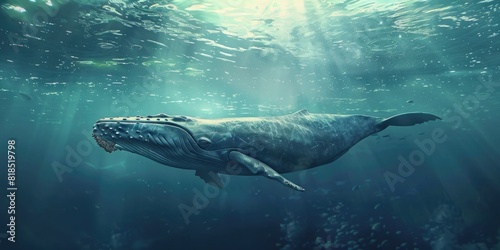 A blue whale swims gracefully through the deep blue ocean. AIG51A. photo