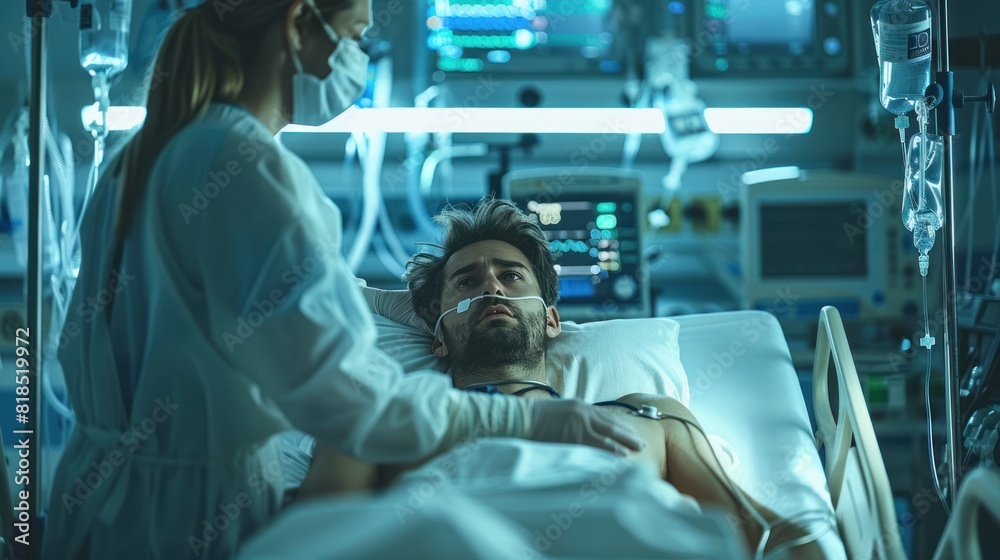 A hospitalized man lies in bed while a doctor checks his pulse. Female doctor examining male patient in hospital room