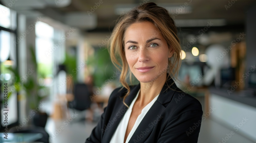 Professional woman in suit standing in modern office Mature business woman looking at camera in office meeting area Professional woman in suit standing in modern office Mature business woman looking at camera in office meeting area