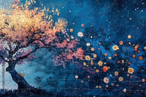 A mysterious night sky where constellations form intricate flower puzzle designs photo