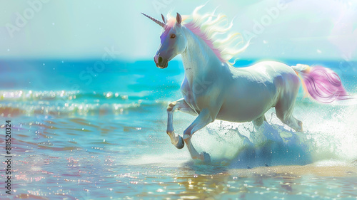 海を駆けるユニコーン ー a unicorn galloping across the sea generative AI photo