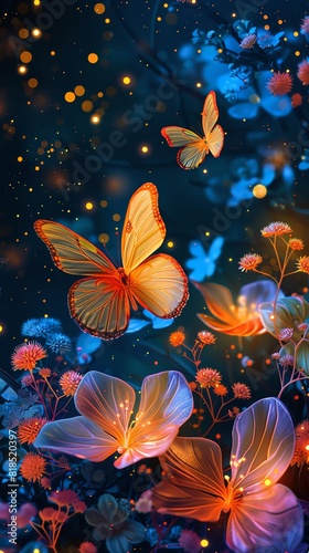 A beautiful glowing butterfly with orange and yellow wings. The butterfly is surrounded by colorful flowers and plants. The background is a dark blue night sky with many stars. © Expert Mind