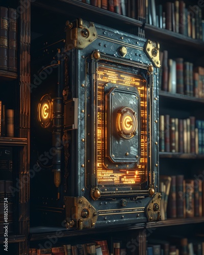 An ornate steampunk book safe with glowing orange lights sits on a shelf in a library.