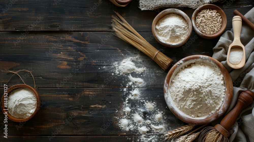 rustic bakery background with flour dough and baking tools on dark wooden table food photography rustic bakery background with flour dough and baking tools on dark wooden table food photography