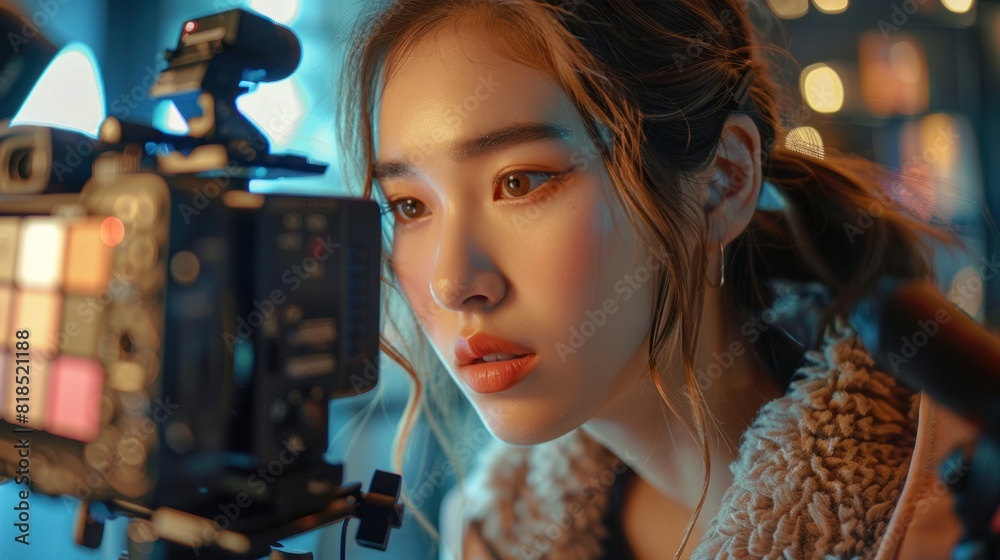 An A woman is recording a video about cosmetics for a beauty blog. She shows a set of makeup on the camera. An A woman is recording a video about cosmetics for a beauty blog. She shows a set of makeup on the camera.