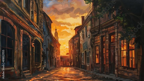 sunset in old urban city street alley from 1800s oil painting