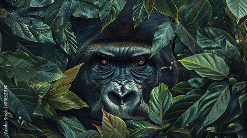 powerful closeup portrait of a gorillas face framed by lush jungle leaves aigenerated digital art © Bijac