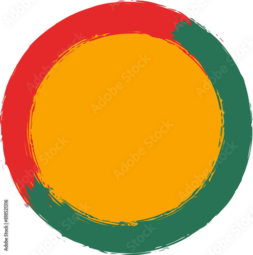 Circle shape with paint brush textured stripes in traditional African colors red, yellow, green. Design element for Juneteenth, Kwanzaa, Black History month. Transparent background.