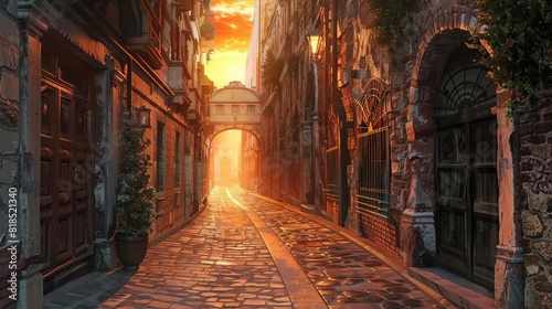 sunset in old urban city street alley from 1800s oil painting